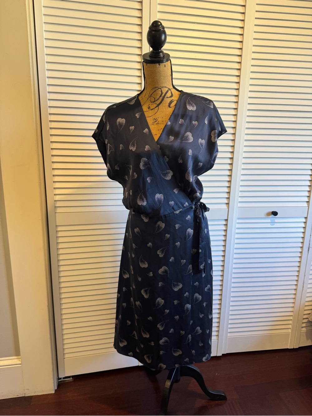 Joie Navy Wrap Maxi Silky Dress with Heart Print